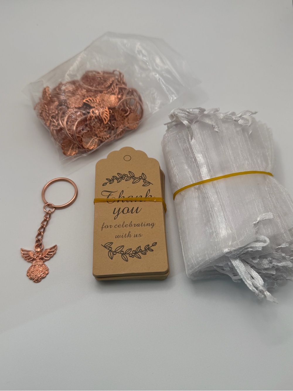 Party Favor Angel Keychain Set with White Organza Bags and Thank You Tags